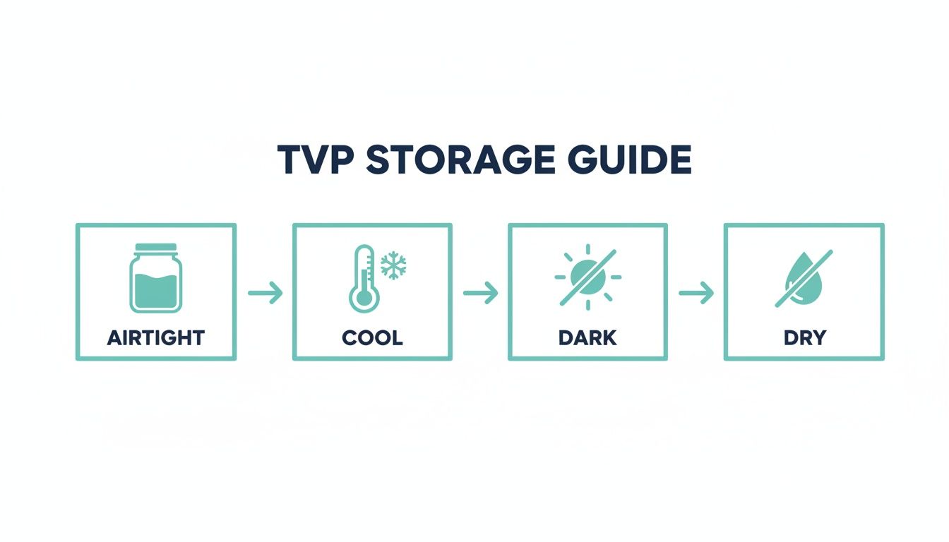 A visual guide illustrating the optimal storage conditions for Textured Vegetable Protein (TVP): airtight, cool, dark, and dry.