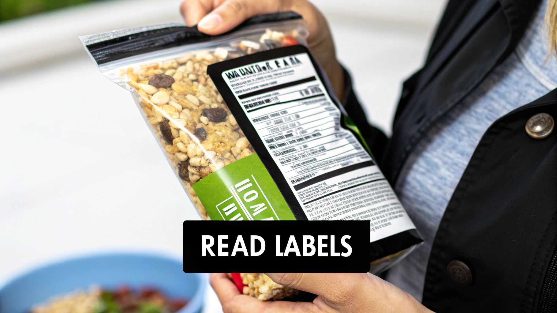 A person closely examining the nutrition facts label on a snack package.