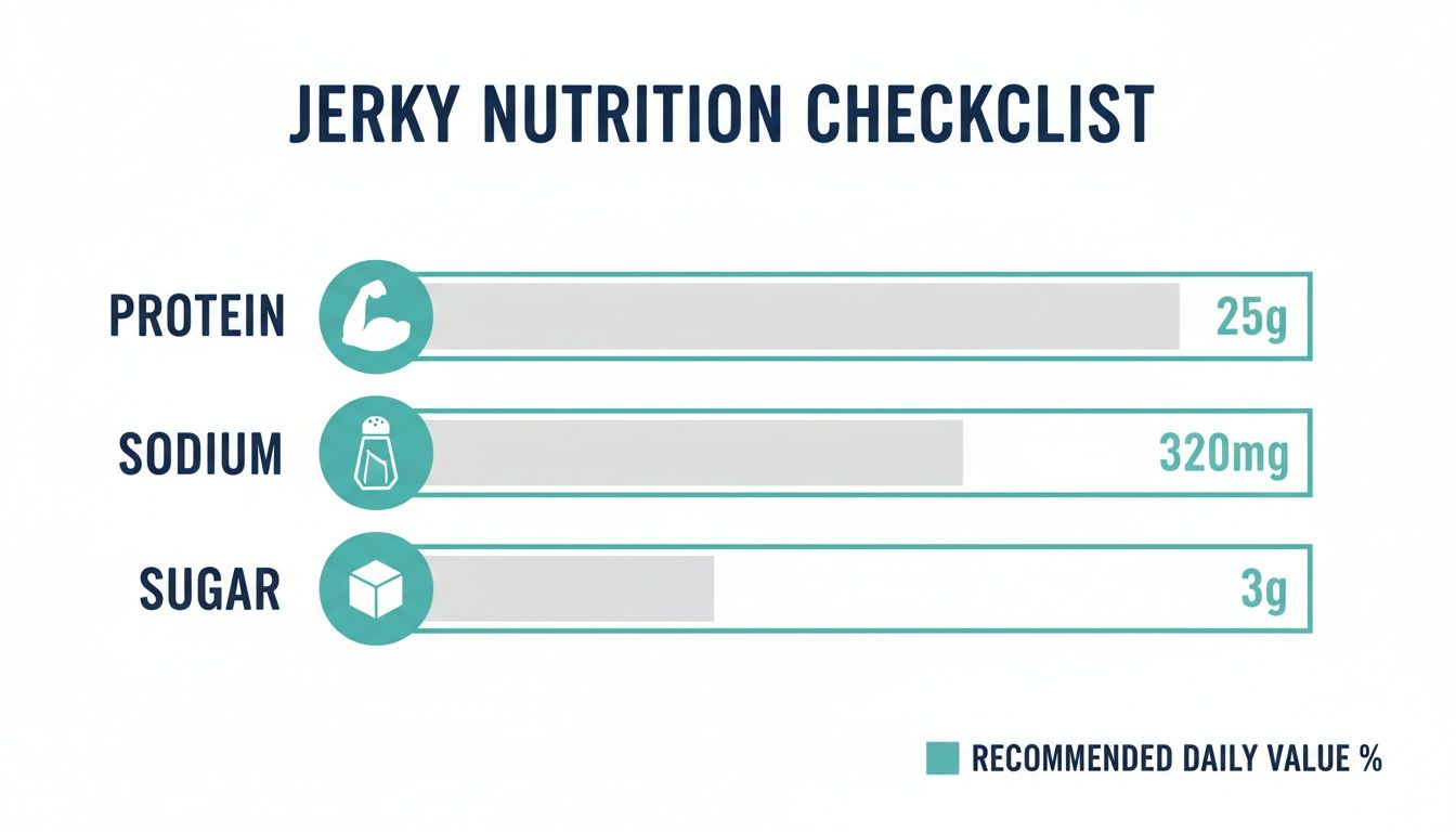 A jerky nutrition checklist displaying protein, sodium, and sugar content with recommended daily value percentages.
