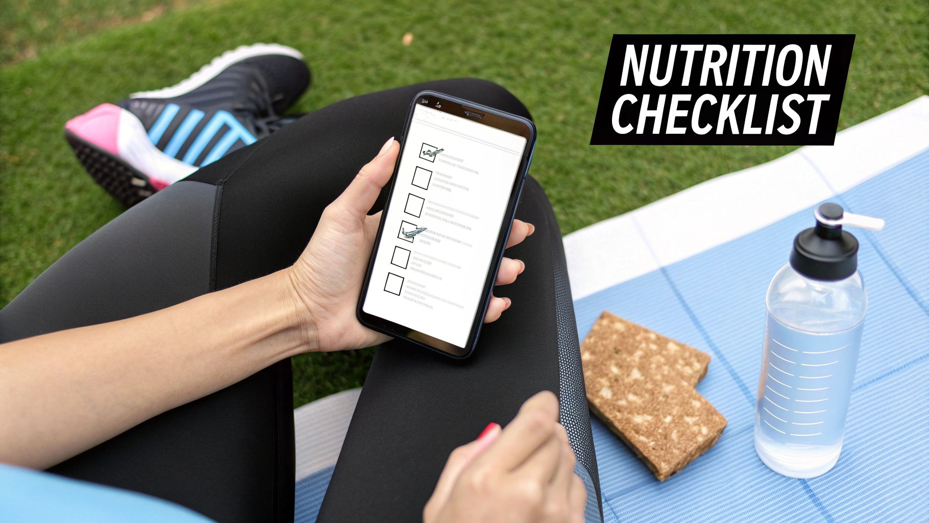 Athlete reviewing a nutrition checklist on her phone after a workout, with a water bottle and healthy snack.