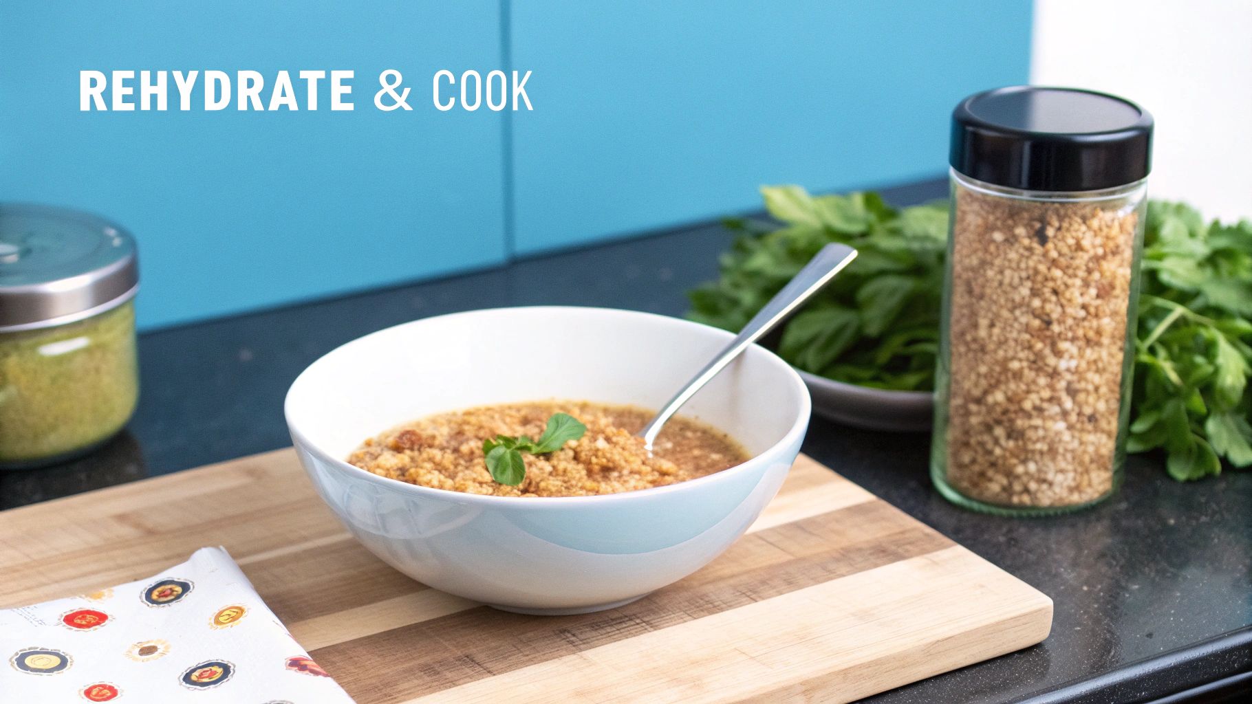 A bowl of rehydrated granular food with a spoon, beside a jar of dry textured vegetable protein.
