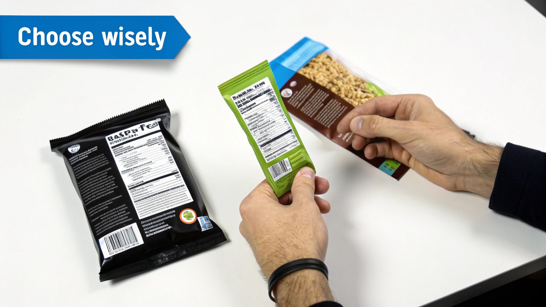 Hands comparing nutritional information on different protein snack packages, with a 'Choose wisely' banner.