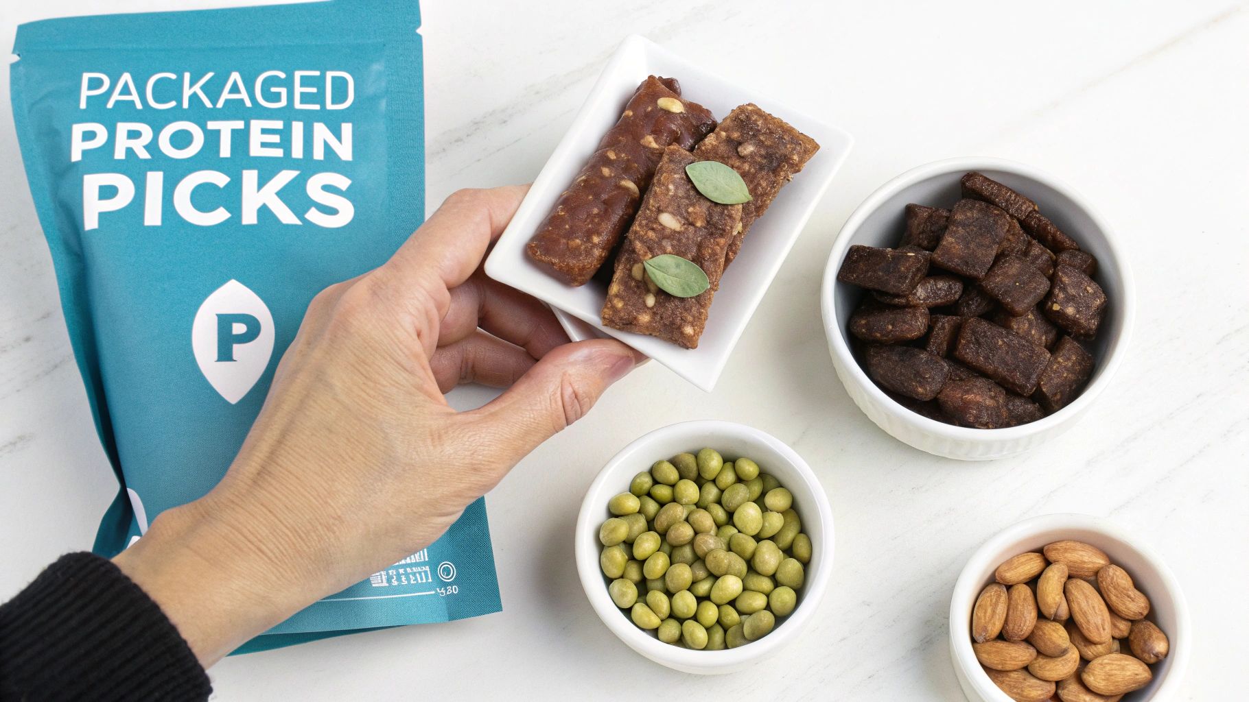 A variety of packaged high-protein vegetarian snacks, including Louisville Jerky Co.'s vegan jerky, arranged on a surface.