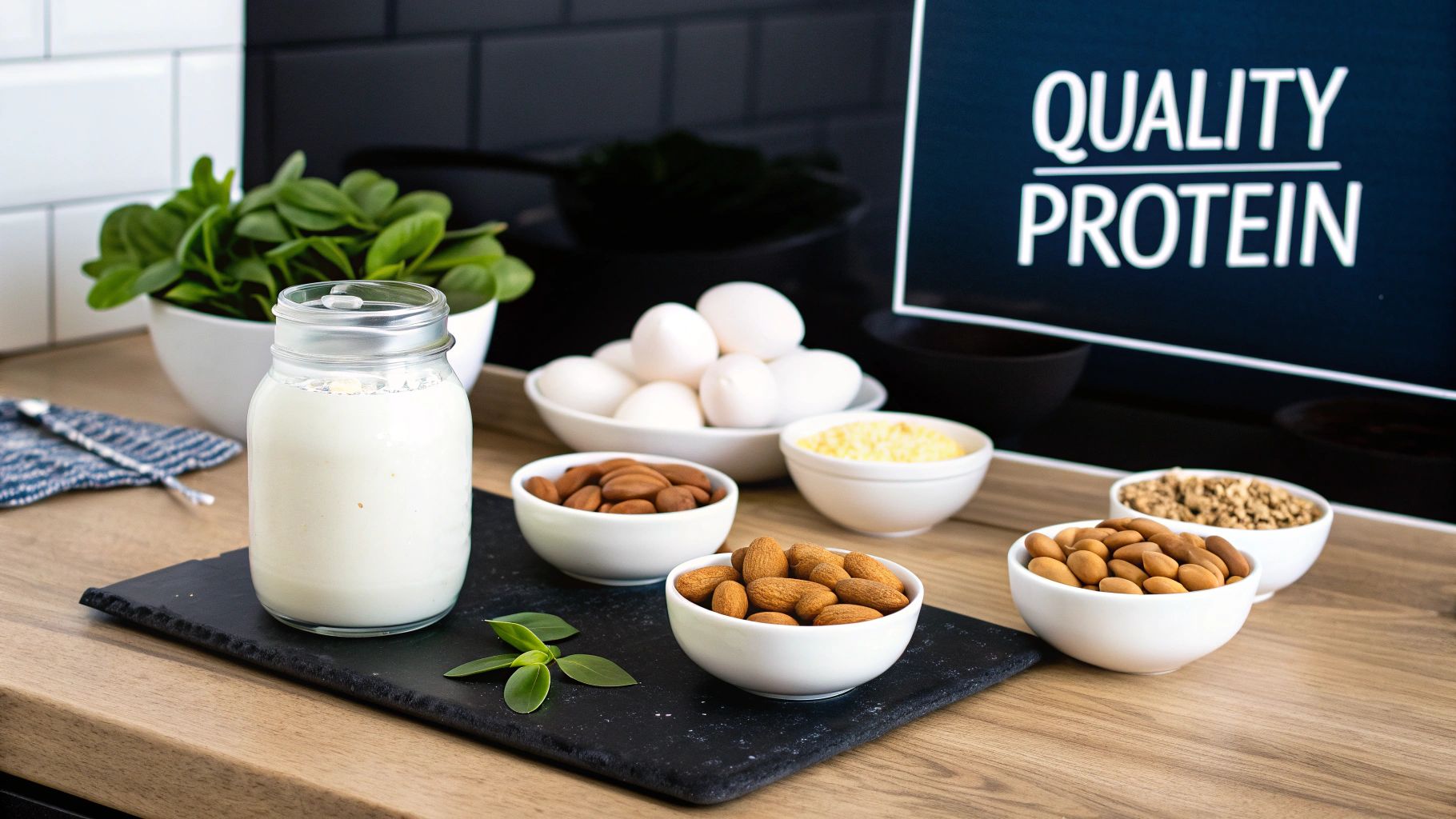 A variety of quality protein sources on a kitchen counter, including milk, eggs, and almonds.