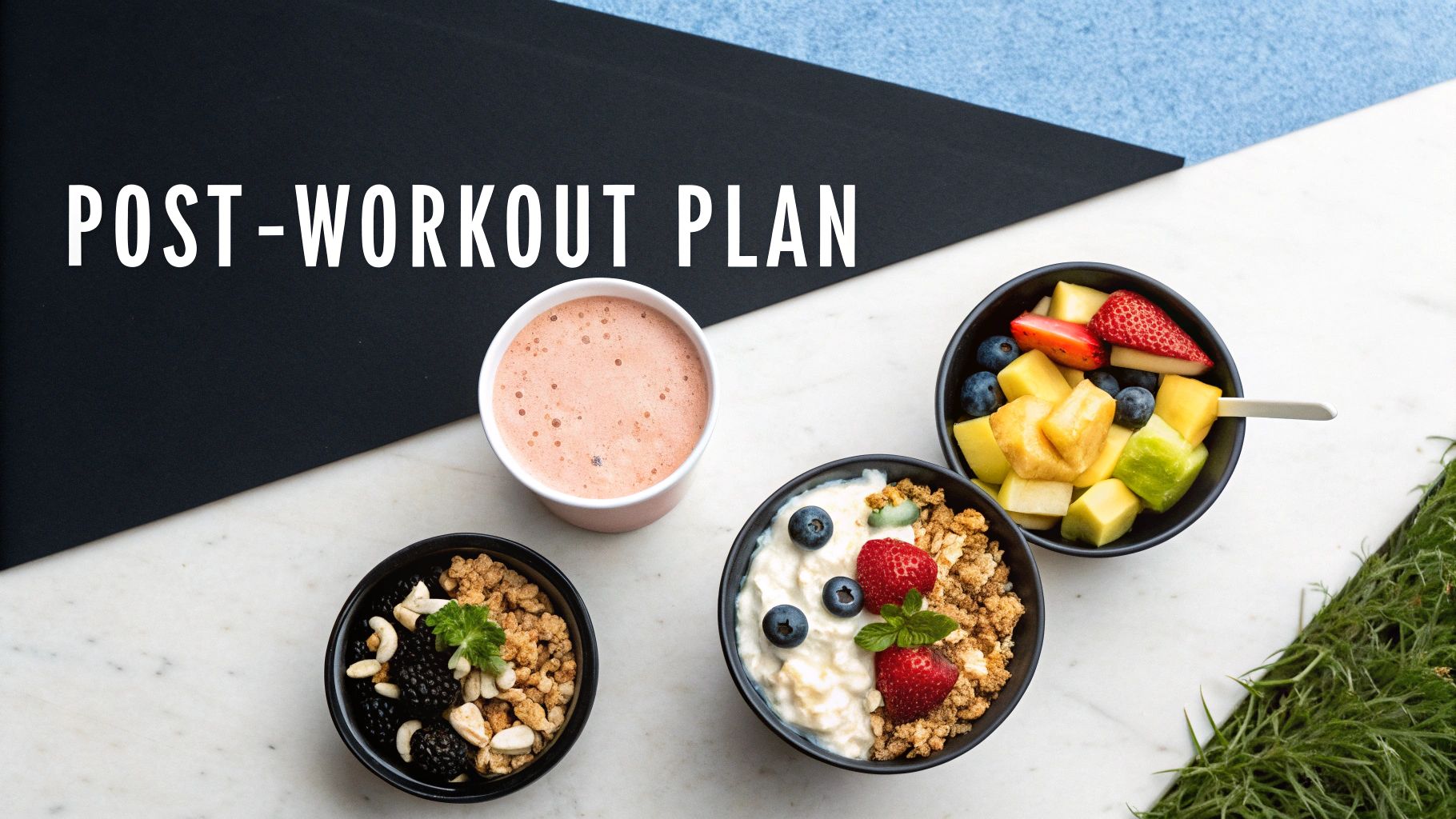 Healthy post-workout meal plan featuring fruit bowls, yogurt, granola, nuts, and a protein drink.