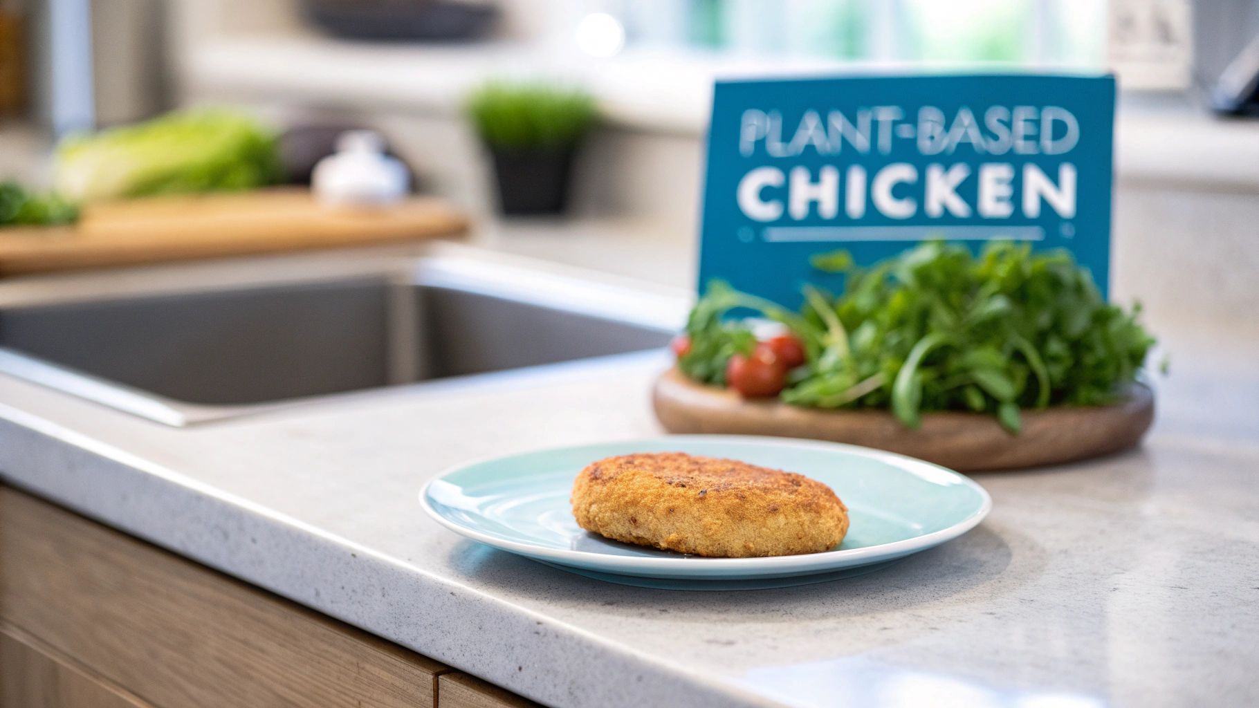 A golden-brown plant-based chicken patty on a blue plate, with a 'Plant-Based Chicken' sign and fresh greens in the background.