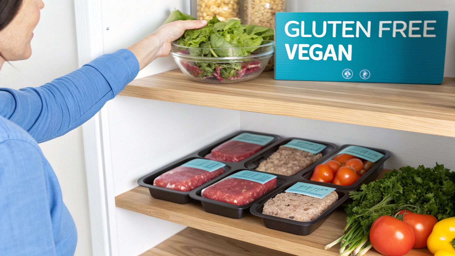Woman reaching for salad bowl from refrigerator shelf with gluten free vegan meat products below