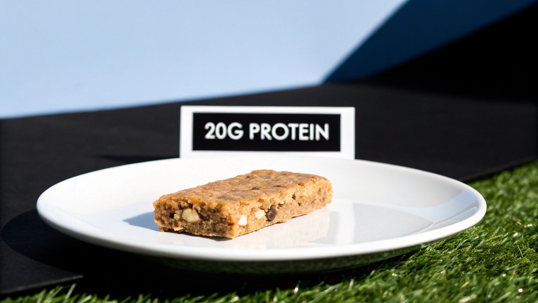 A rectangular protein bar with nuts and chocolate chips on a white plate, next to a '20G PROTEIN' sign.
