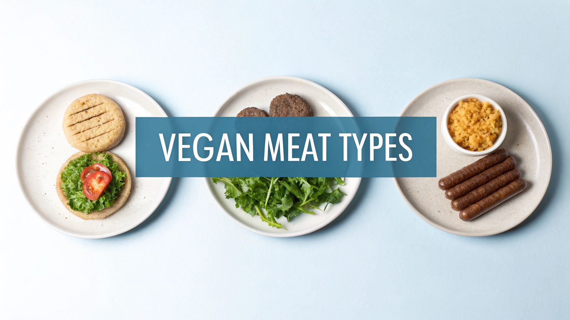 A top-down view of various vegan meat types, including a burger, patties, sausages, and scramble, arranged on plates.