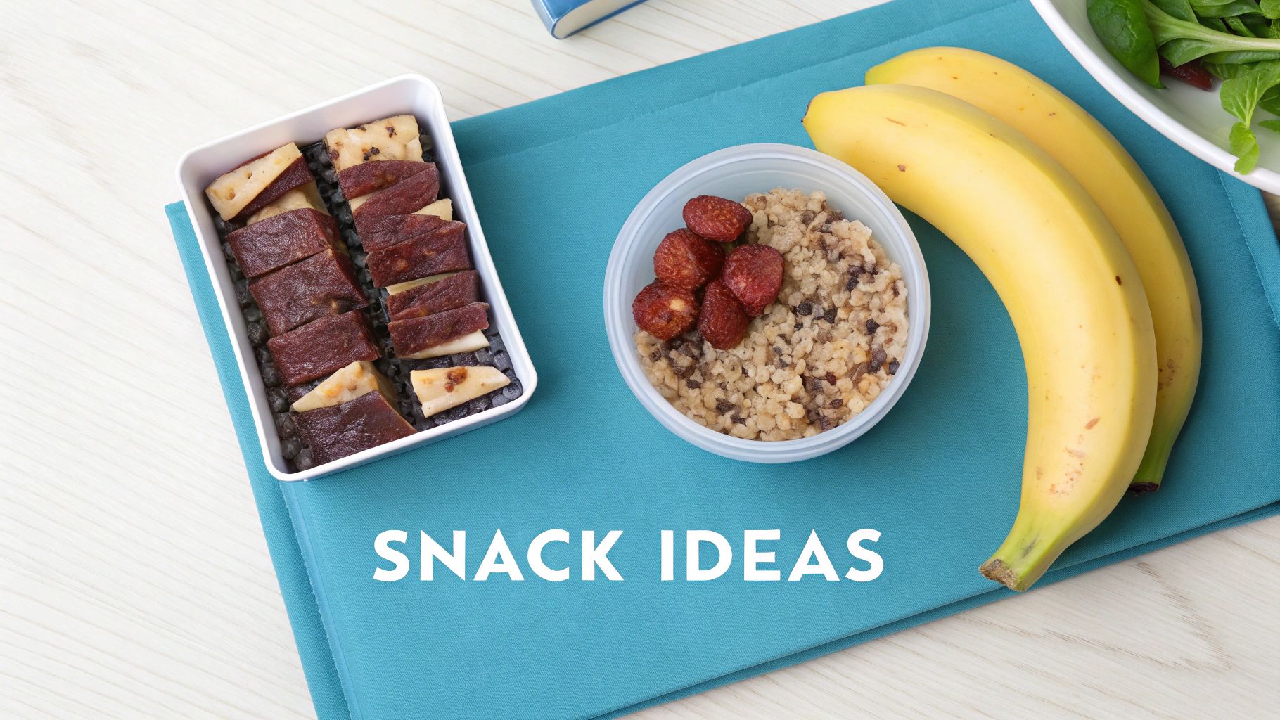A top-down view of healthy snack ideas featuring fruit, grains, berries, and bananas.