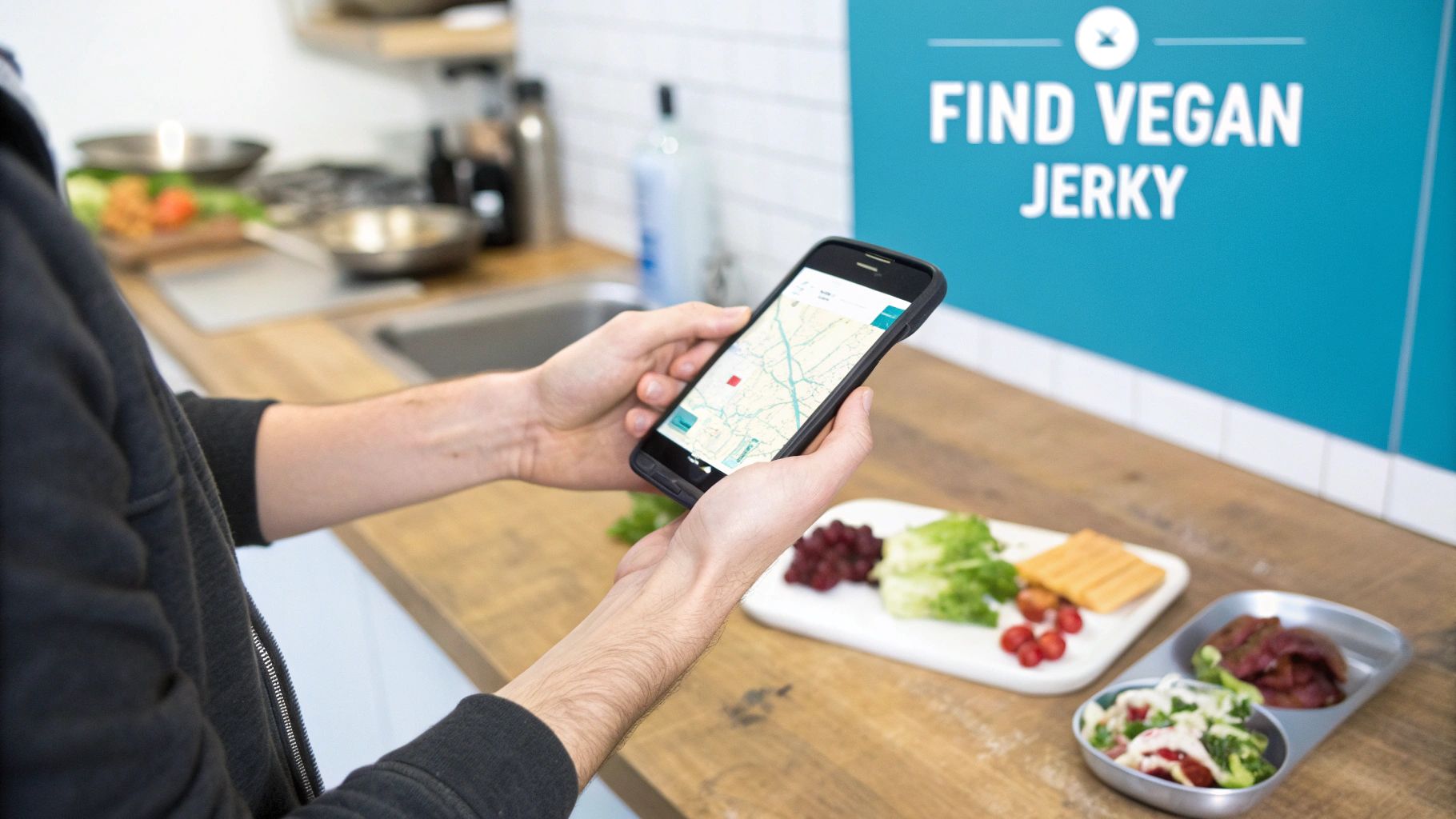 Person holding a smartphone displaying a map to find vegan jerky, with a relevant sign.