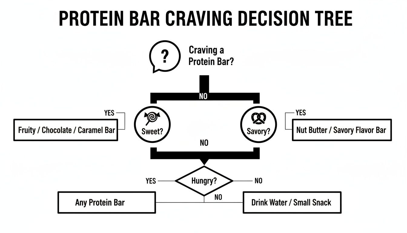 Decision tree flowchart guiding users on protein bar choices based on cravings and hunger levels.