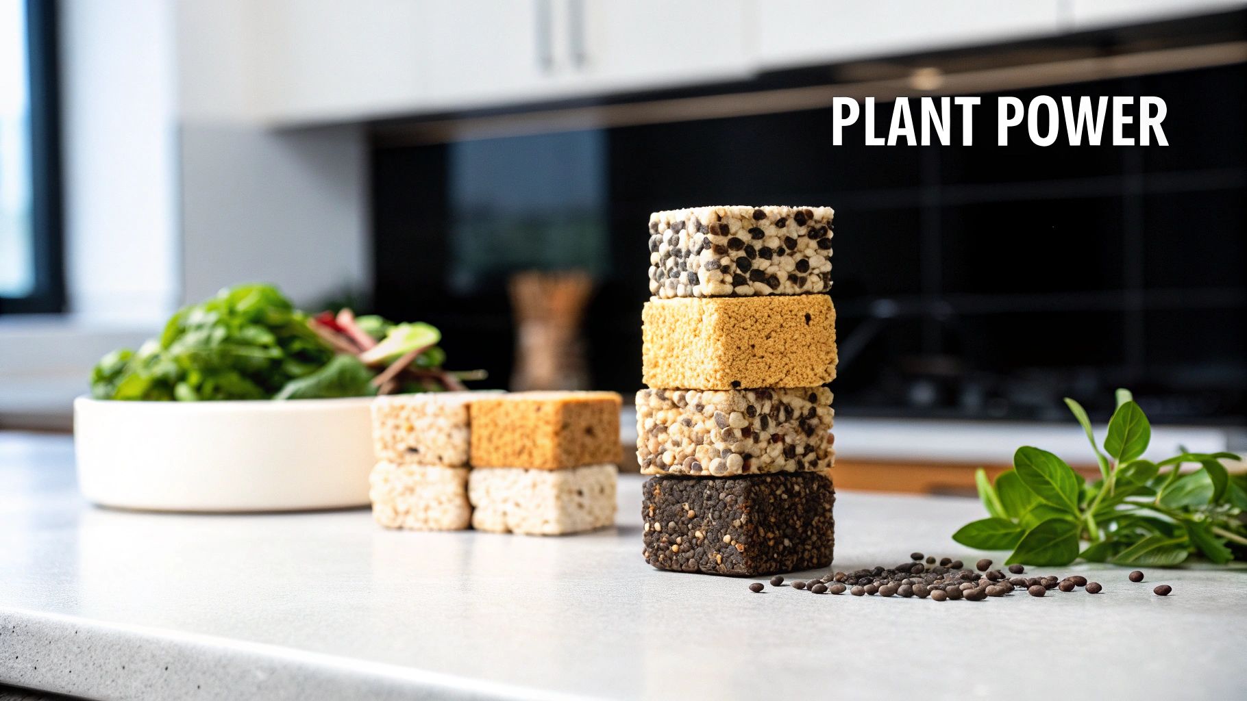 Stacks of plant-based protein bars on a kitchen counter with fresh greens and scattered seeds, illustrating plant power.