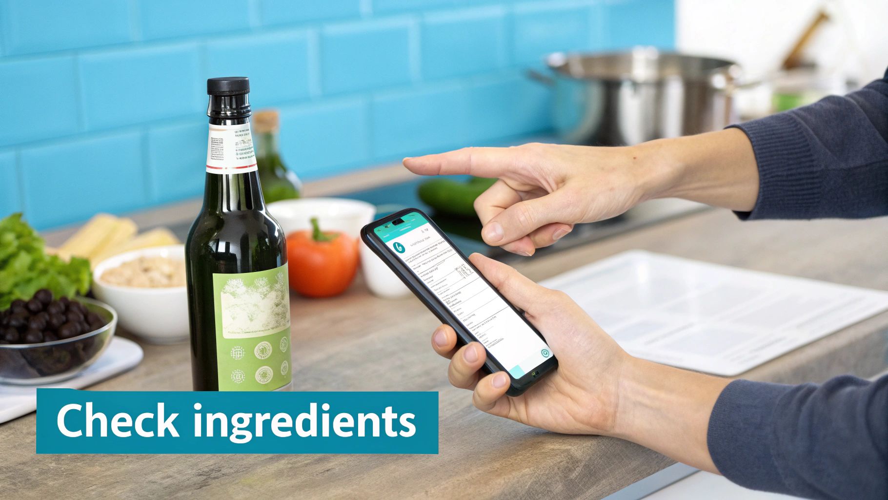 Person in a kitchen uses a smartphone app to check food ingredients on a bottle.