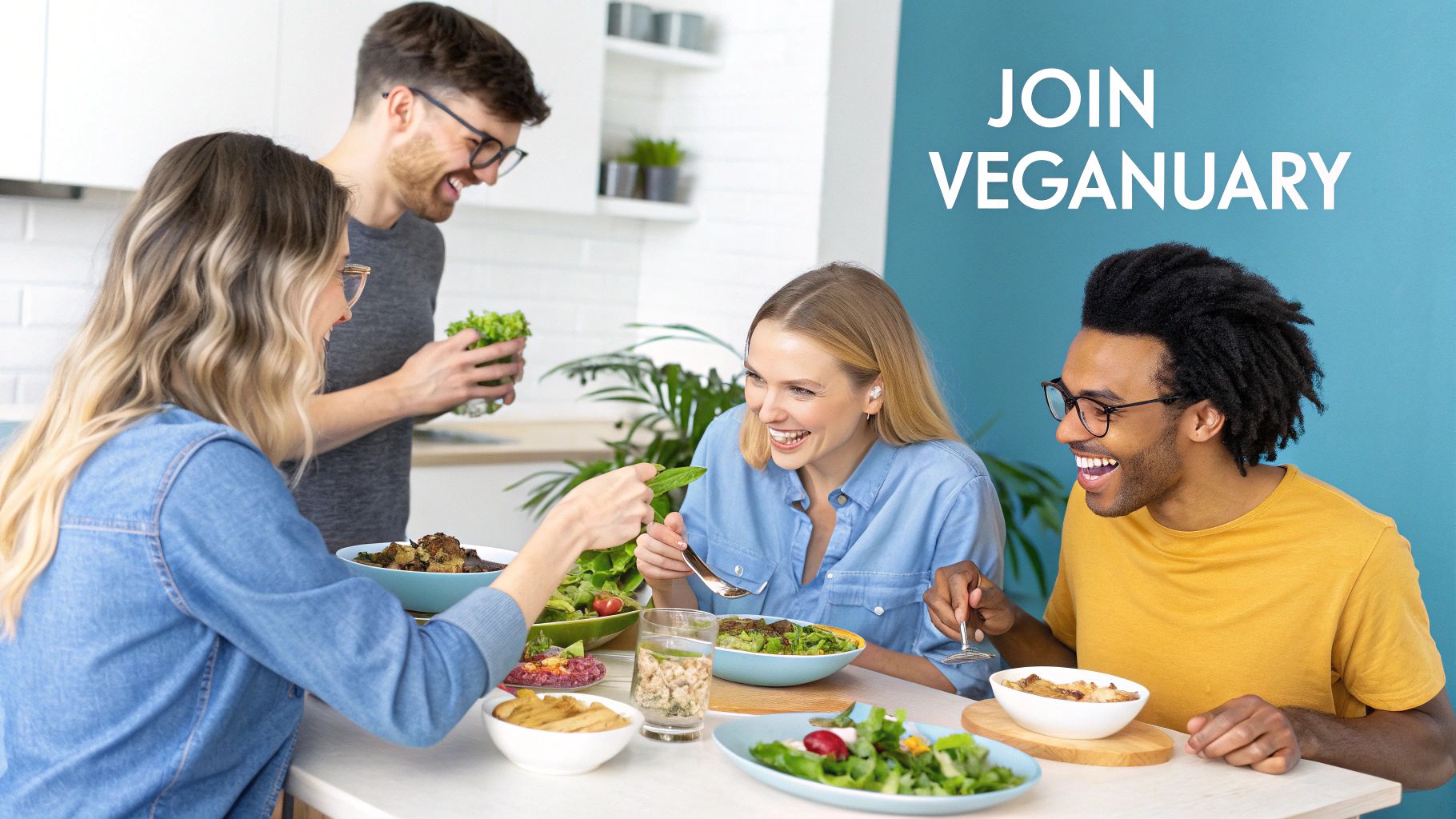Four diverse friends smiling and enjoying a healthy vegan meal together, celebrating Veganuary.