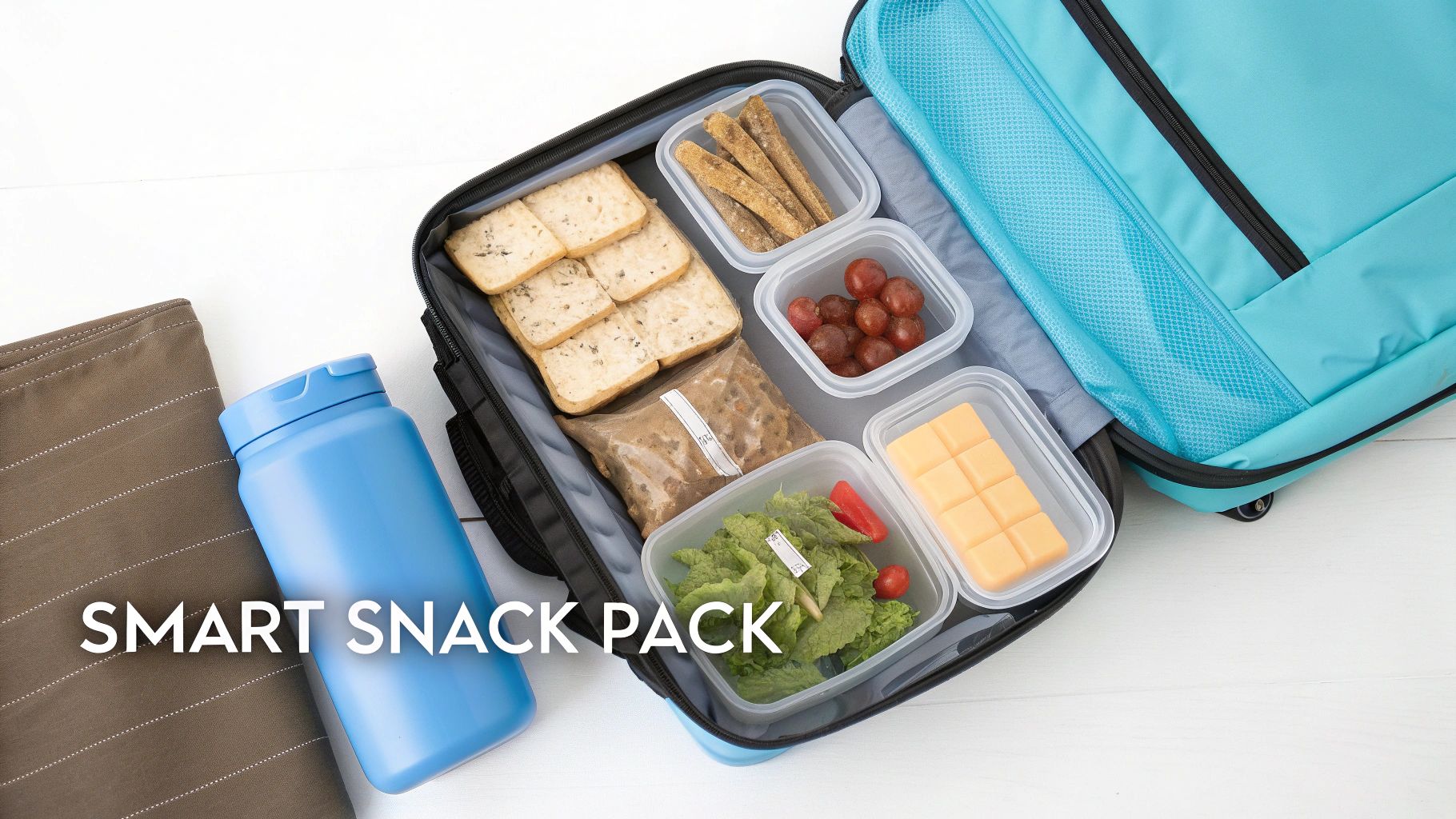 A neatly organized car seat with pre-portioned vegan snacks in reusable containers.