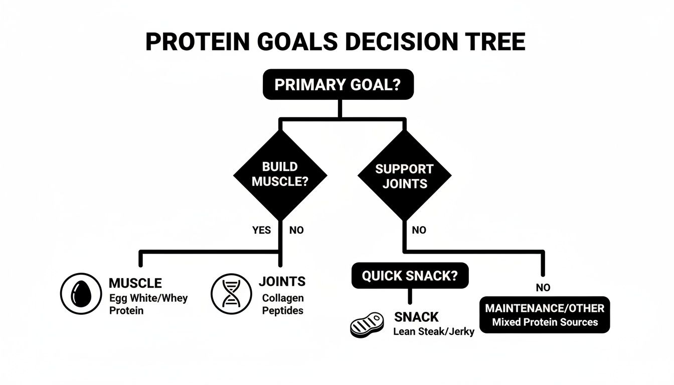 A protein goals decision tree flowchart guides choices for muscle, joints, quick snacks, or maintenance.