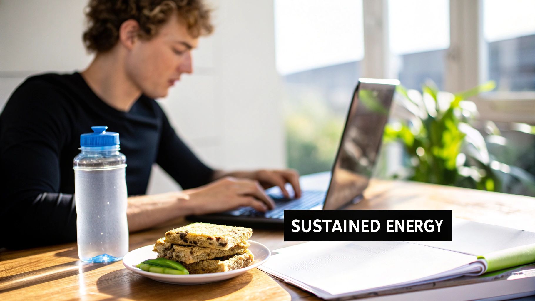 A person working on a laptop with a water bottle and healthy snacks, embodying sustained energy.