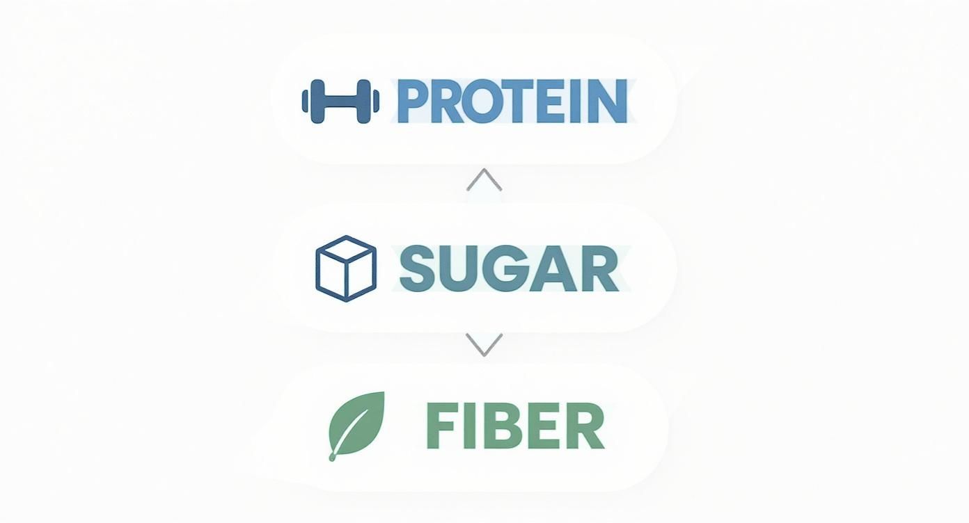 Infographic illustrating a hierarchy of protein, sugar, and fiber with associated icons.