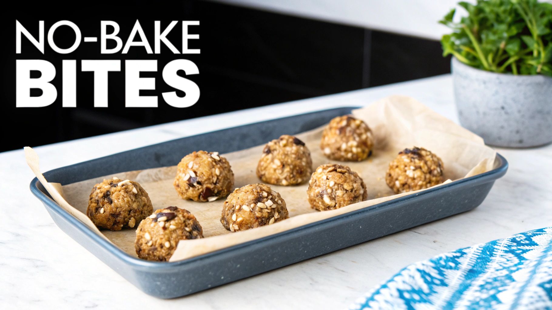 A tray of eight no-bake energy bites topped with sesame seeds and chocolate chips.