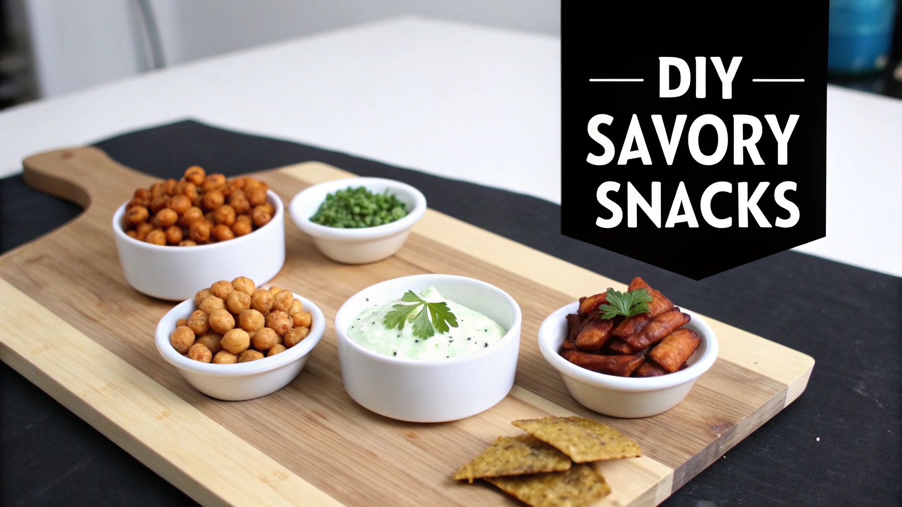 A variety of DIY savory protein snacks including roasted chickpeas and a creamy dip