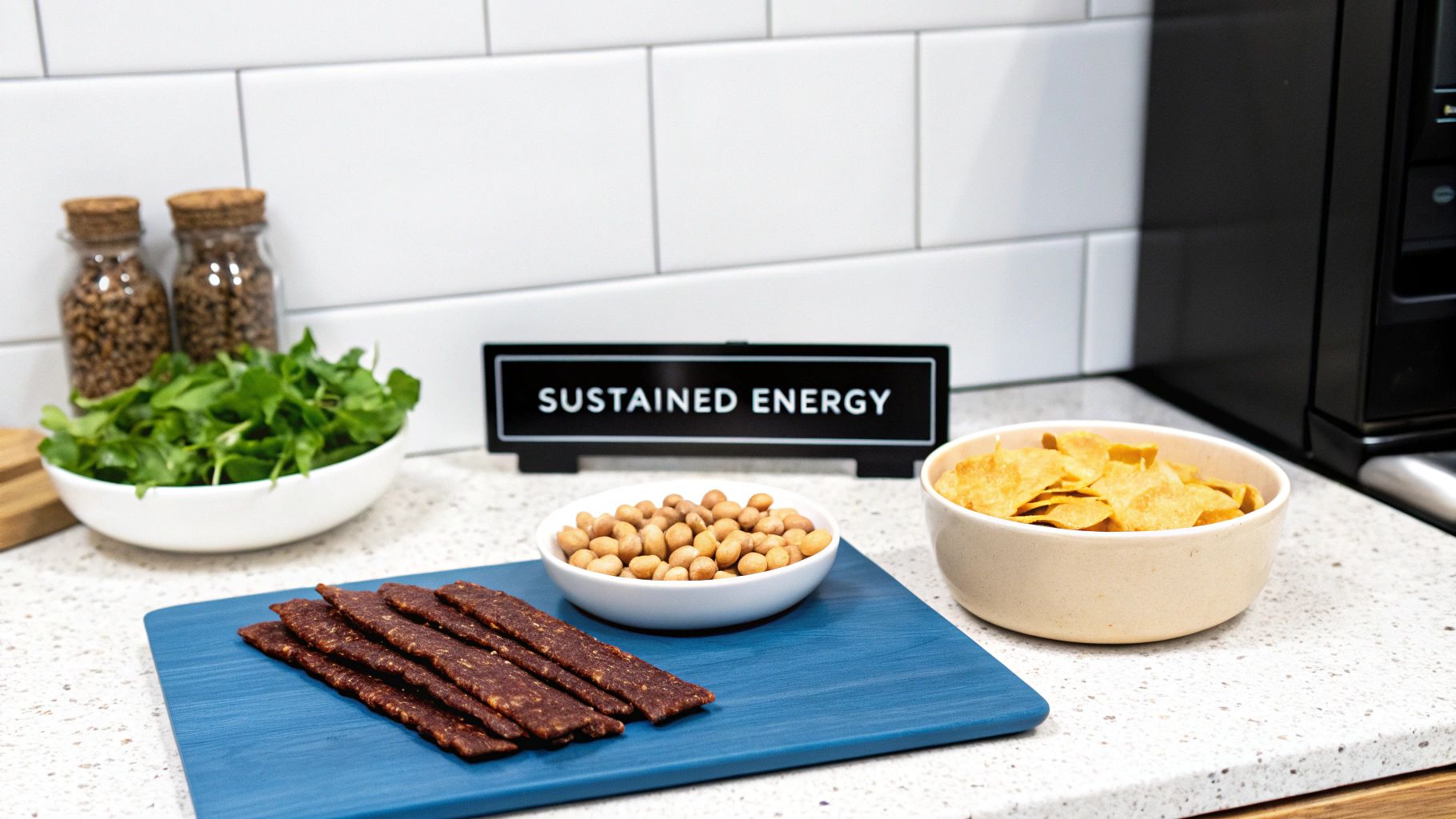 A kitchen counter featuring a selection of snacks including jerky, peanuts, chips, and leafy greens.