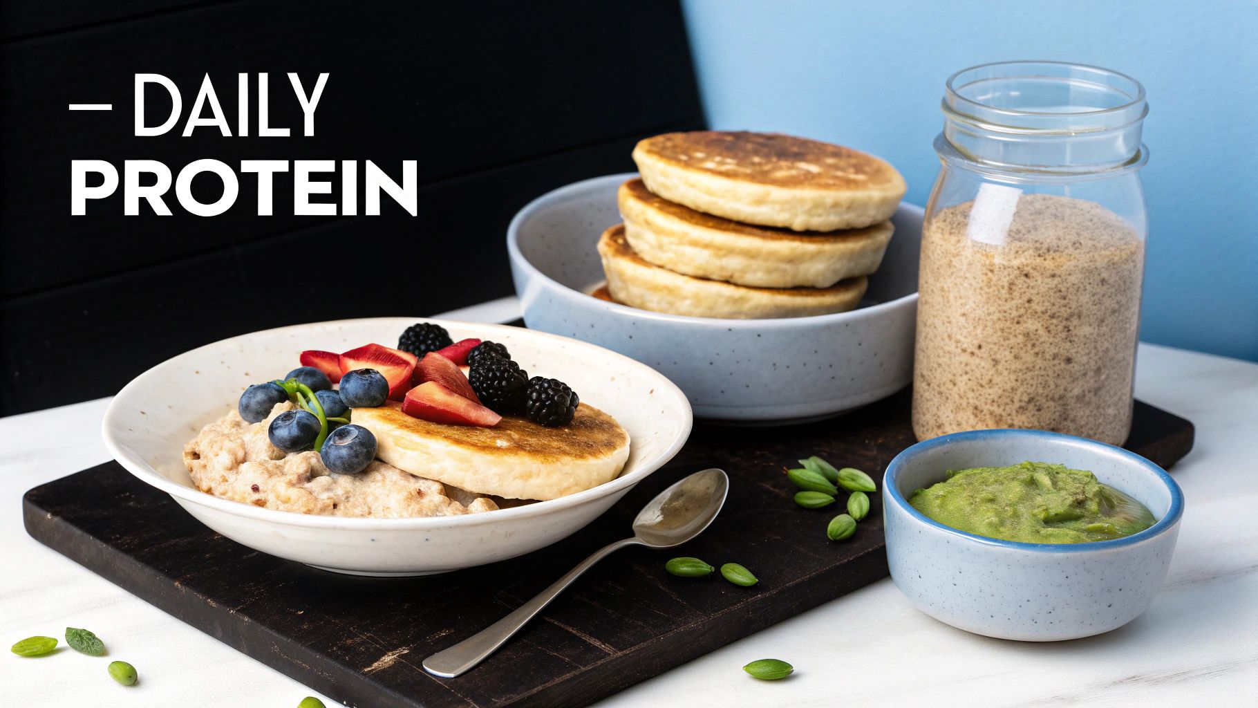 A healthy breakfast with pancakes, oatmeal, fresh berries, and a jar of protein powder for daily intake.