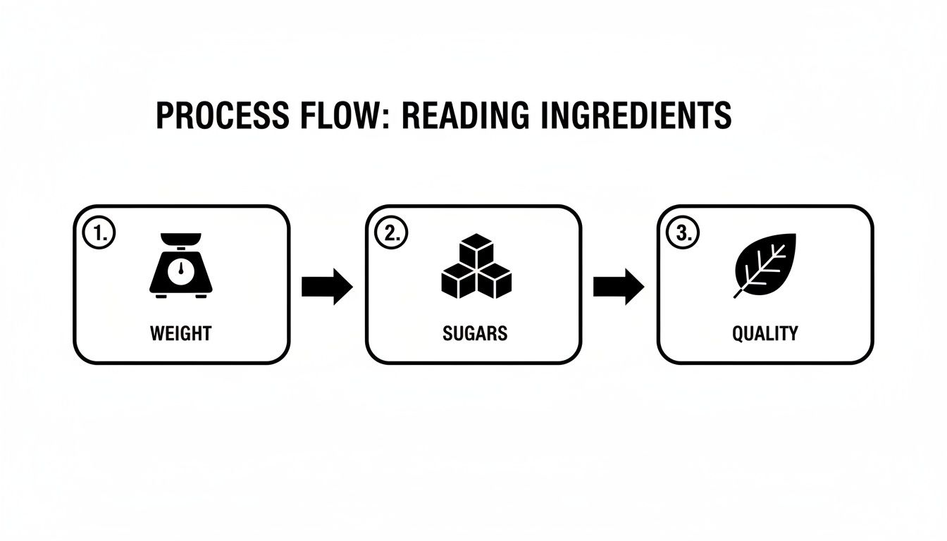A three-step process flow diagram for reading ingredients, illustrating weight, sugars, and quality evaluation.