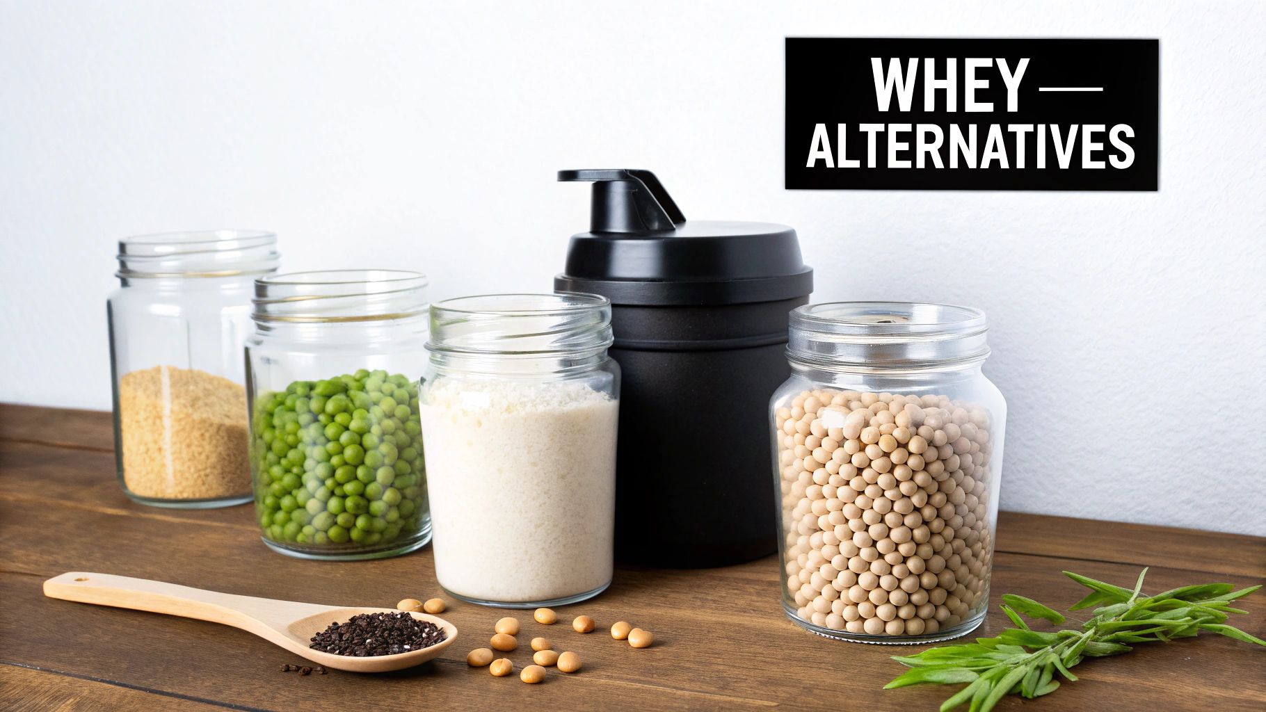 Jars of peas, soybeans, and plant-based protein powders next to a shaker bottle, showing whey alternatives.
