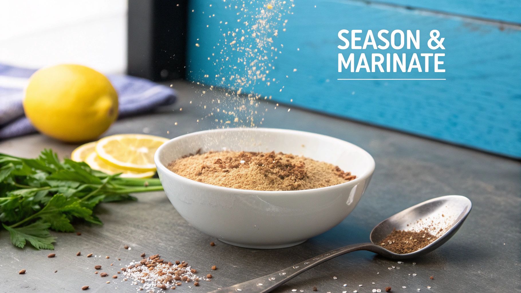 Seasoned TVP crumbles in a skillet with spices.