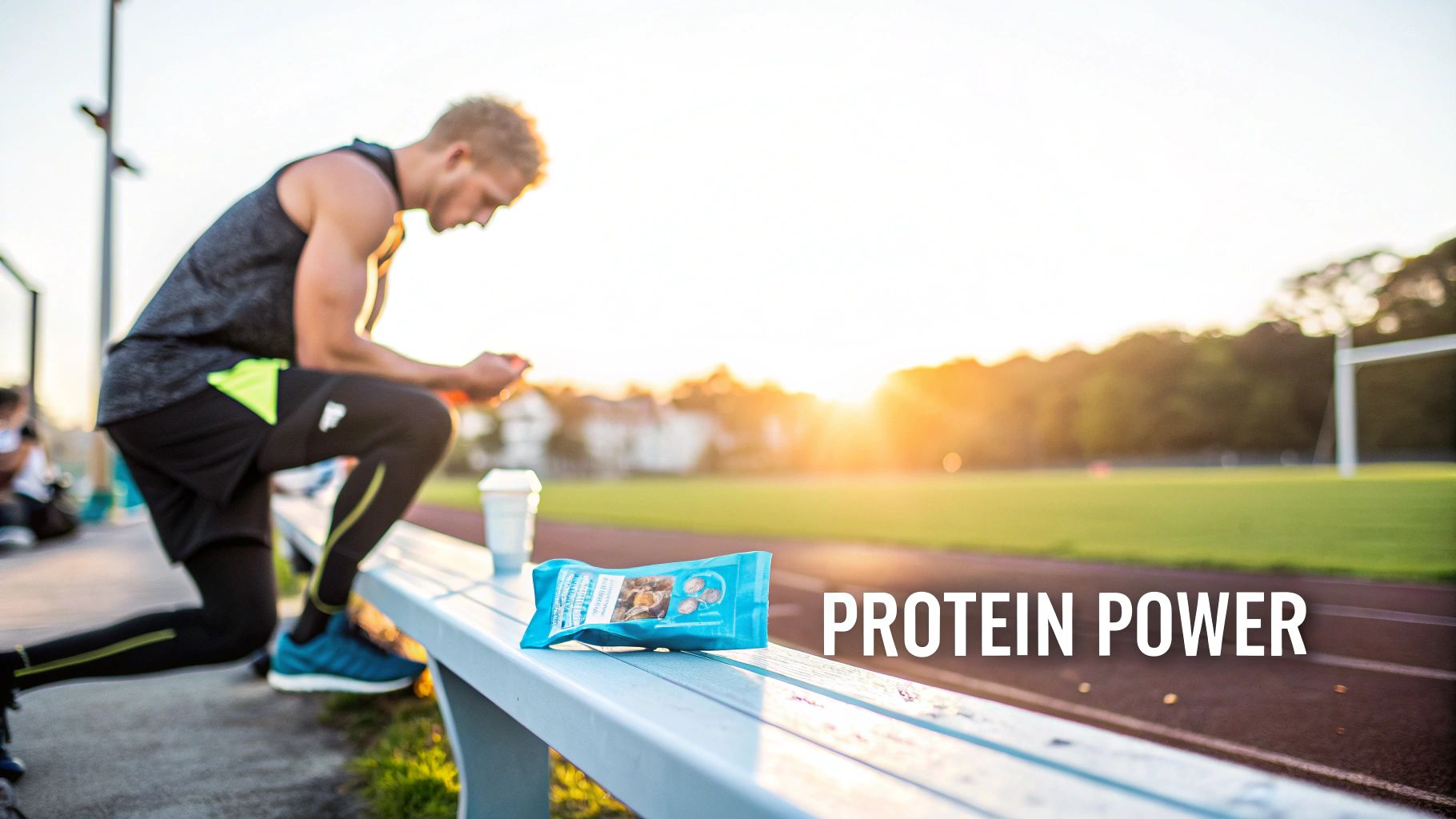 An athlete resting on a bench at a track field, with a protein bar visible beside him.