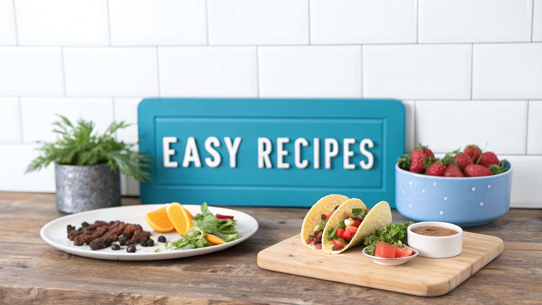 Easy recipes sign with prepared dishes including tacos and grilled meat on wooden table