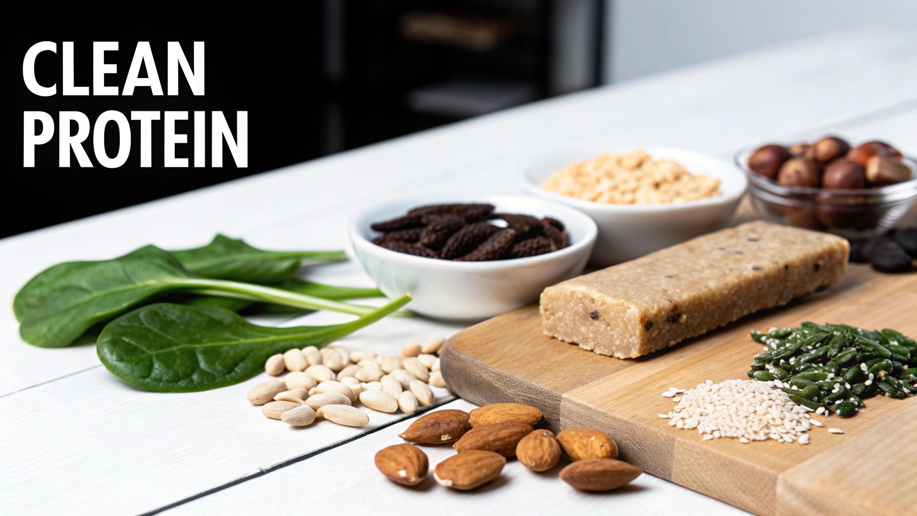 An array of wholesome, clean protein ingredients and a protein bar on a white table.