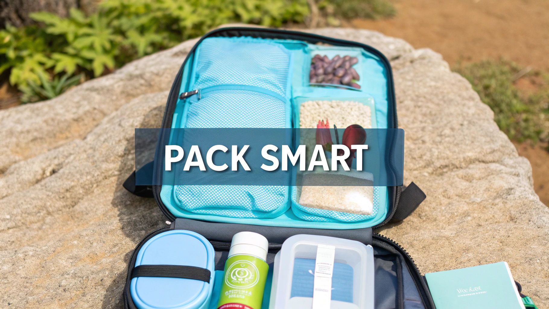 An open teal lunch bag filled with healthy snacks and a drink, perfect for hiking.
