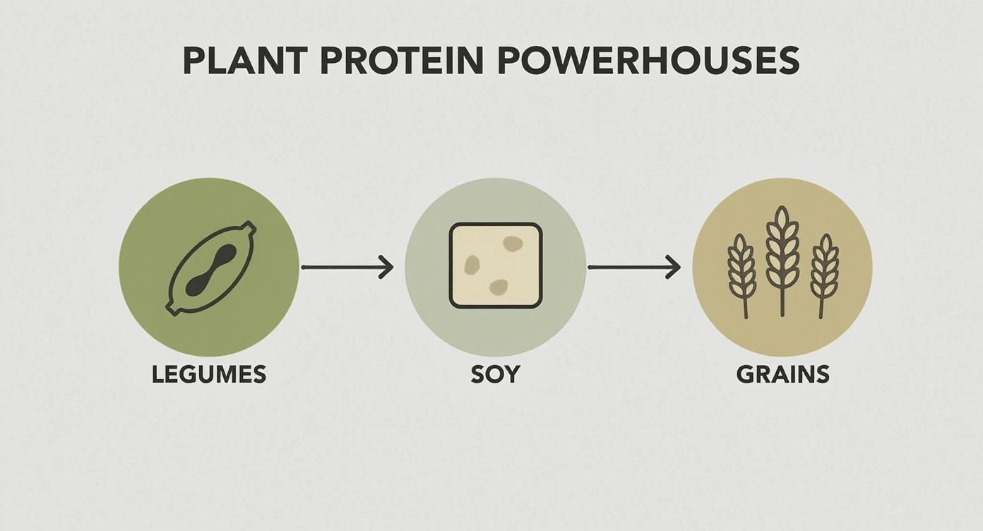 Infographic showing icons for legumes, soy, and grains as key plant protein powerhouses.