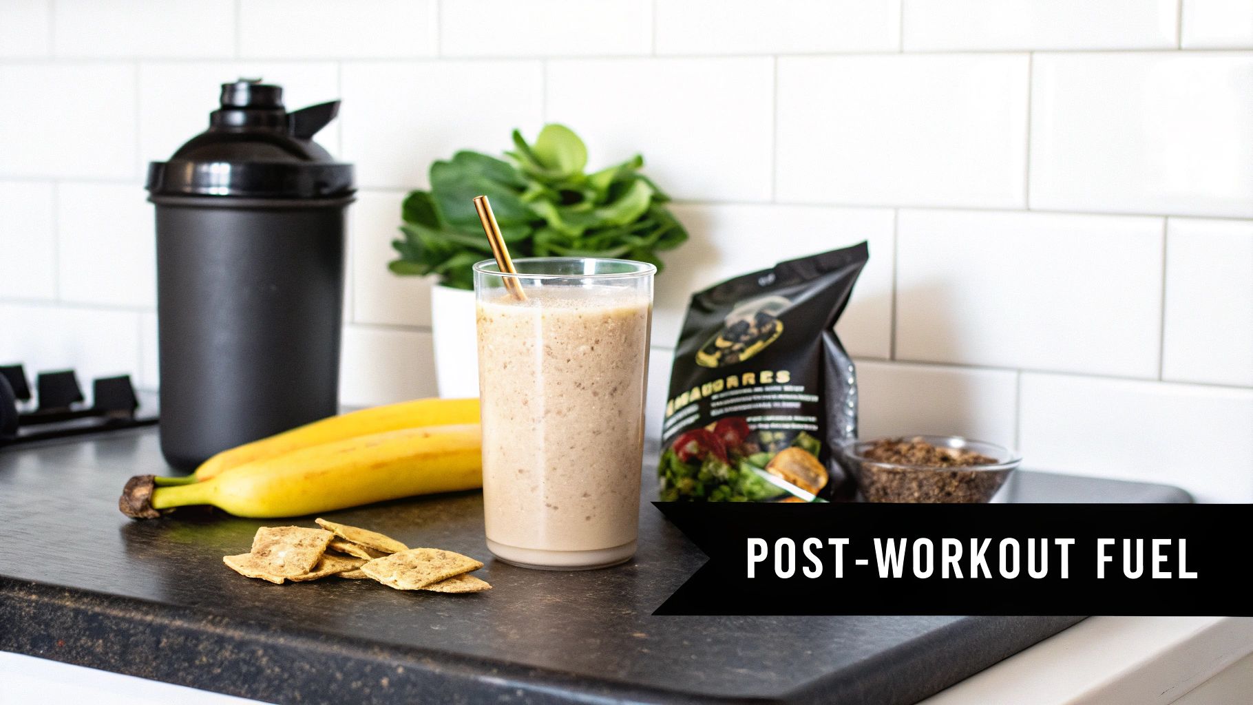 Post-workout fuel on a kitchen counter including a smoothie, bananas, shaker, and healthy ingredients.
