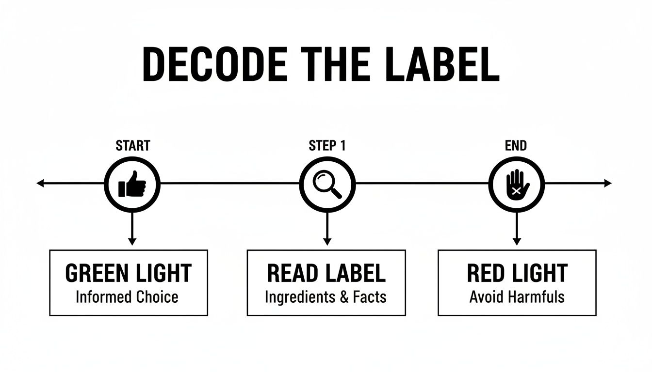 Flowchart illustrating how to decode food labels for informed choices, from green light to red light.