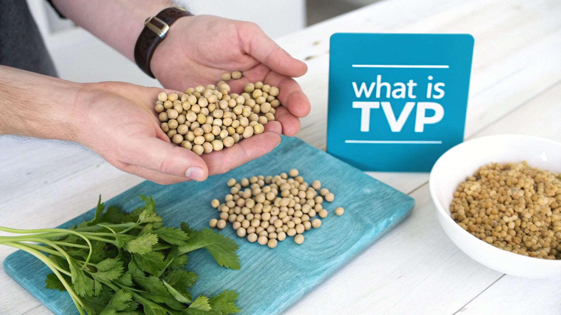 Hands holding soybeans, fresh herbs, and a bowl of TVP with a 'what is TVP' sign.