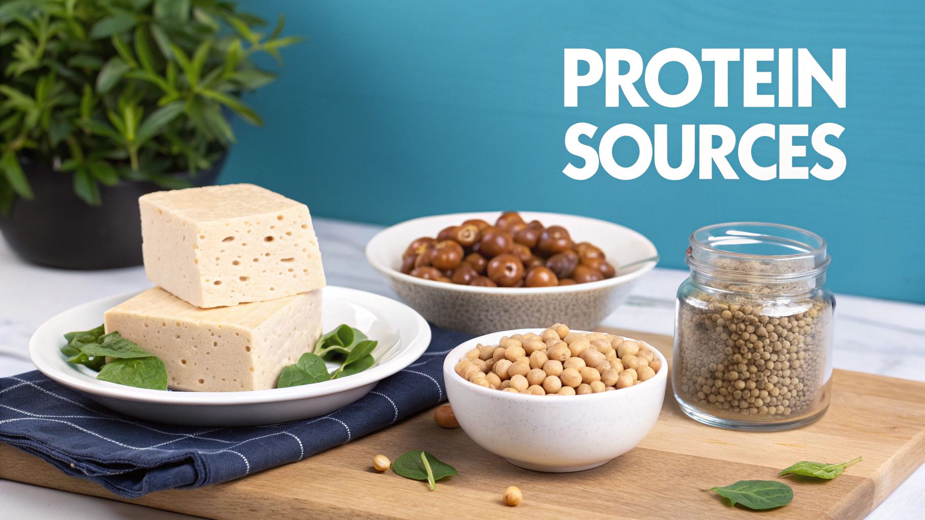 A person using a calculator with a notebook and fresh vegetables on a wooden table, symbolizing the planning of vegan protein needs.