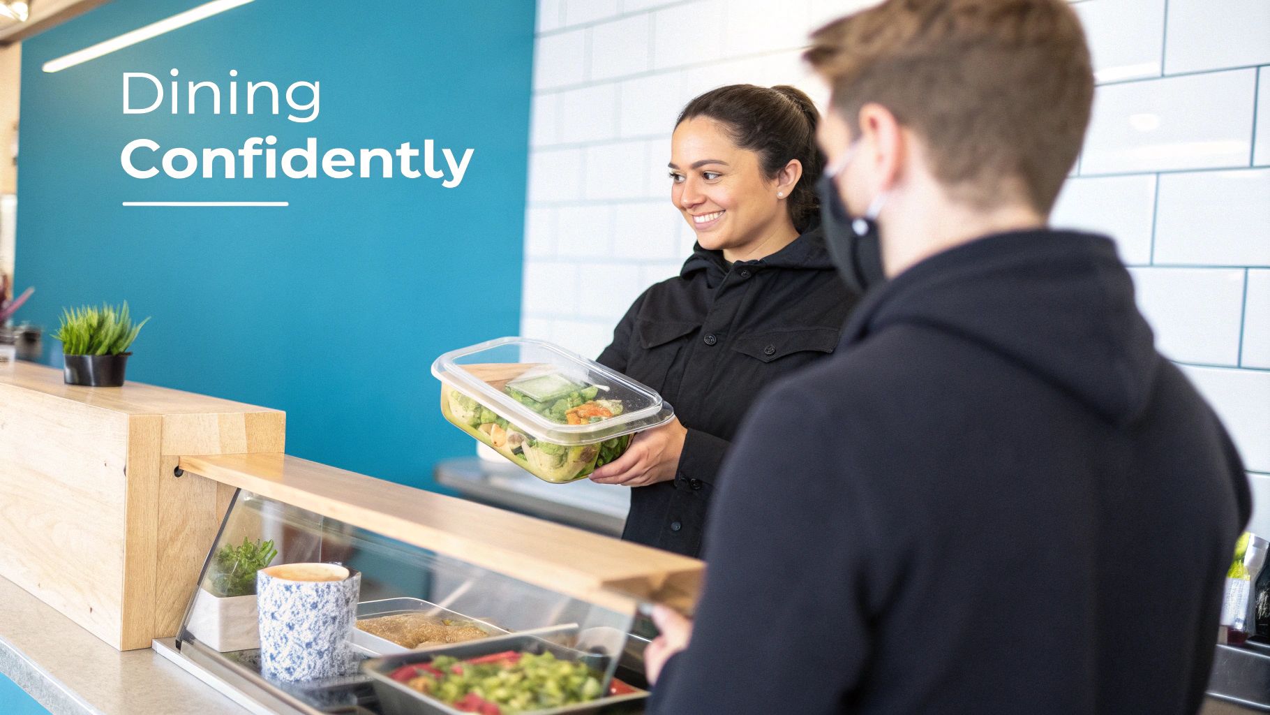 Smiling woman serving a fresh, pre-packaged salad to a customer at a modern food counter.