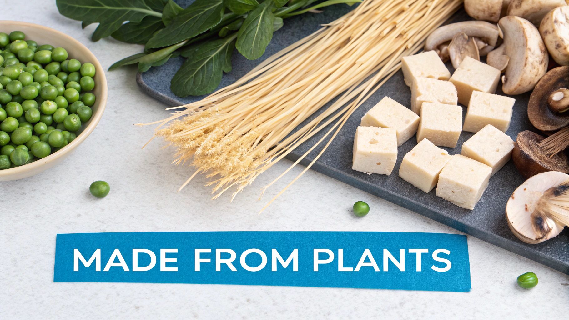 Assortment of fresh plant-based ingredients including peas, tofu, mushrooms, and grains, with a 'Made From Plants' banner.