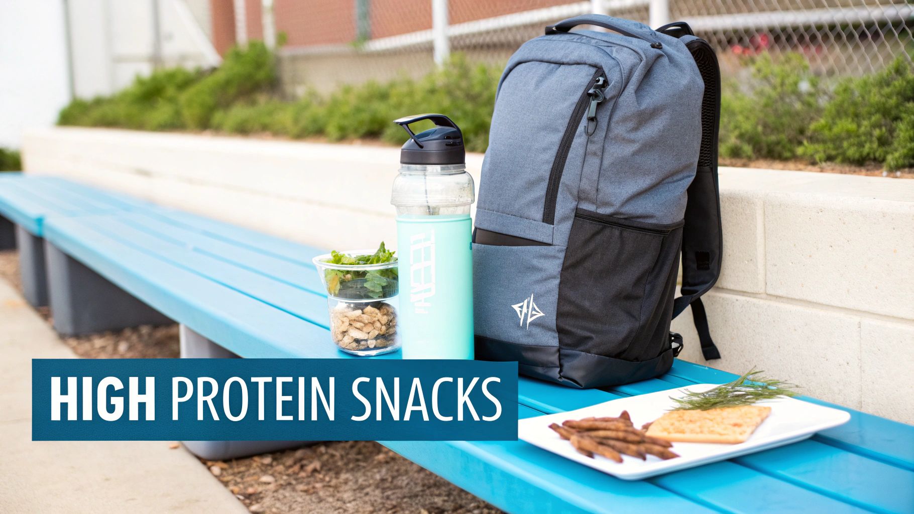 A grey backpack, teal water bottle, and various high-protein snacks on a blue bench outdoors.