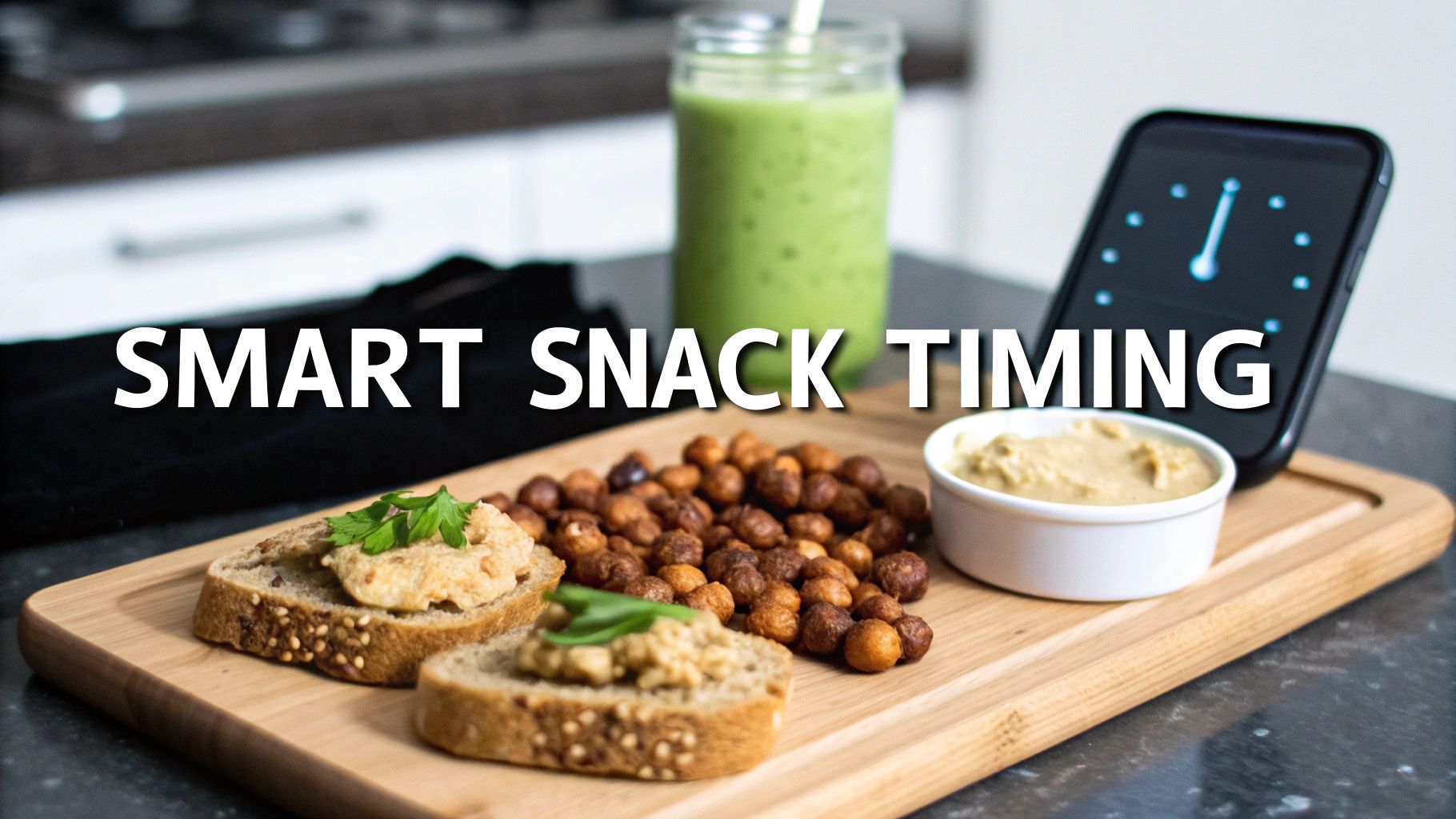 Healthy vegan snacks including hummus toast, roasted chickpeas, and a green smoothie, with a clock phone for timing.