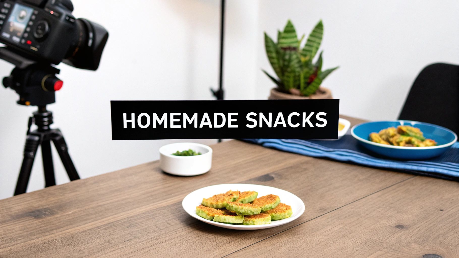 A camera on a tripod next to a wooden table displaying homemade green snacks and other dishes.