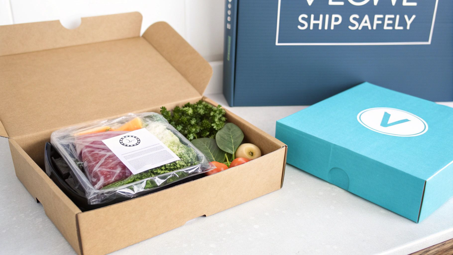 A person carefully packing a vegan gift basket with eco-friendly fillers for shipping.