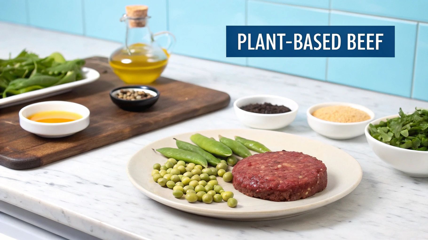 An artfully arranged plant-based beef burger with fresh lettuce, tomato, and onion on a wooden board.