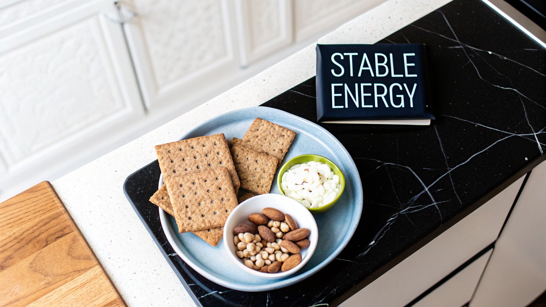 A light blue plate holds crackers, a bowl of almonds and chickpeas, and a green bowl of cream cheese, next to a 'Stable Energy' sign.