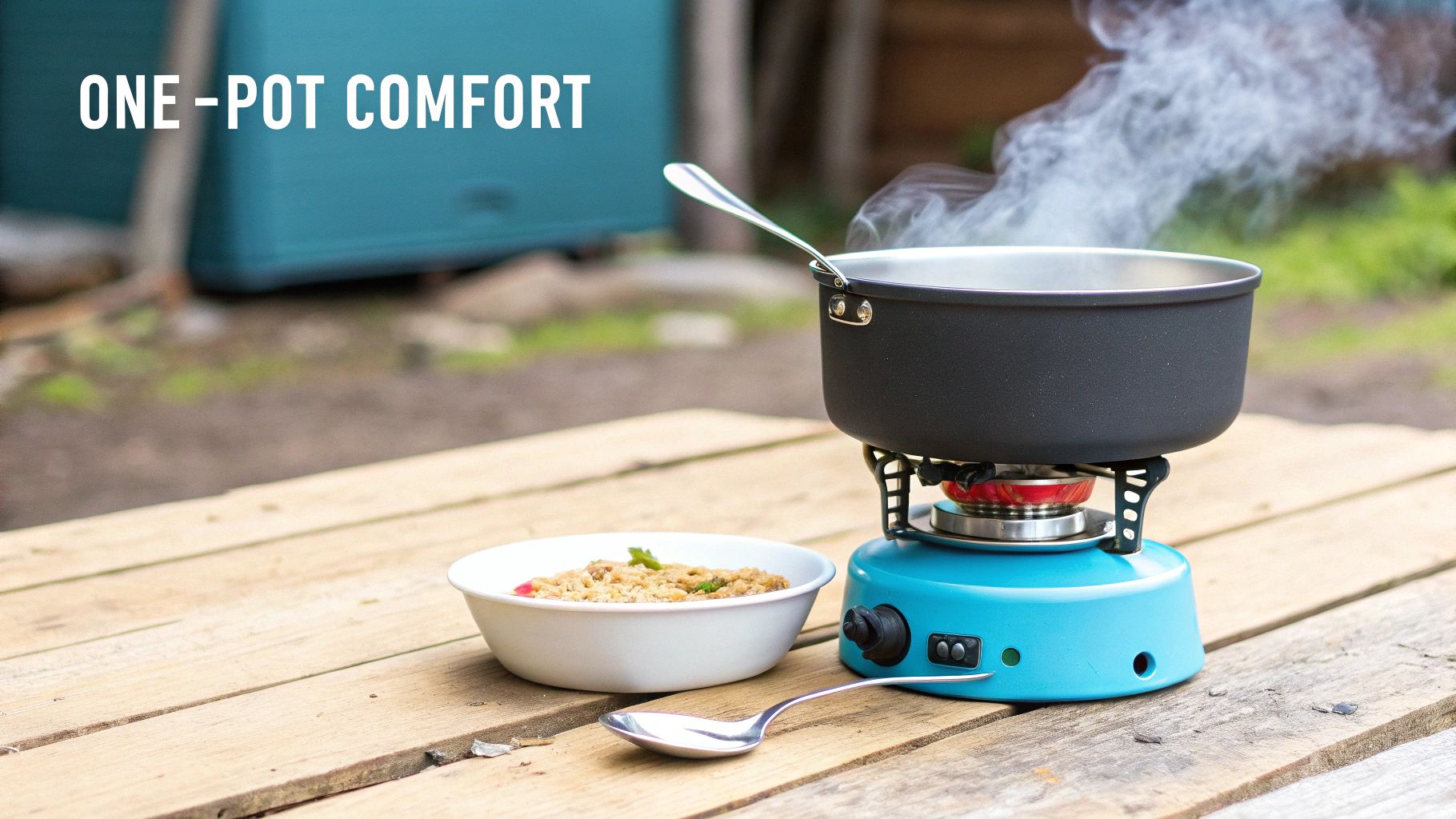 A hearty vegan chili cooking in a pot over a campfire.