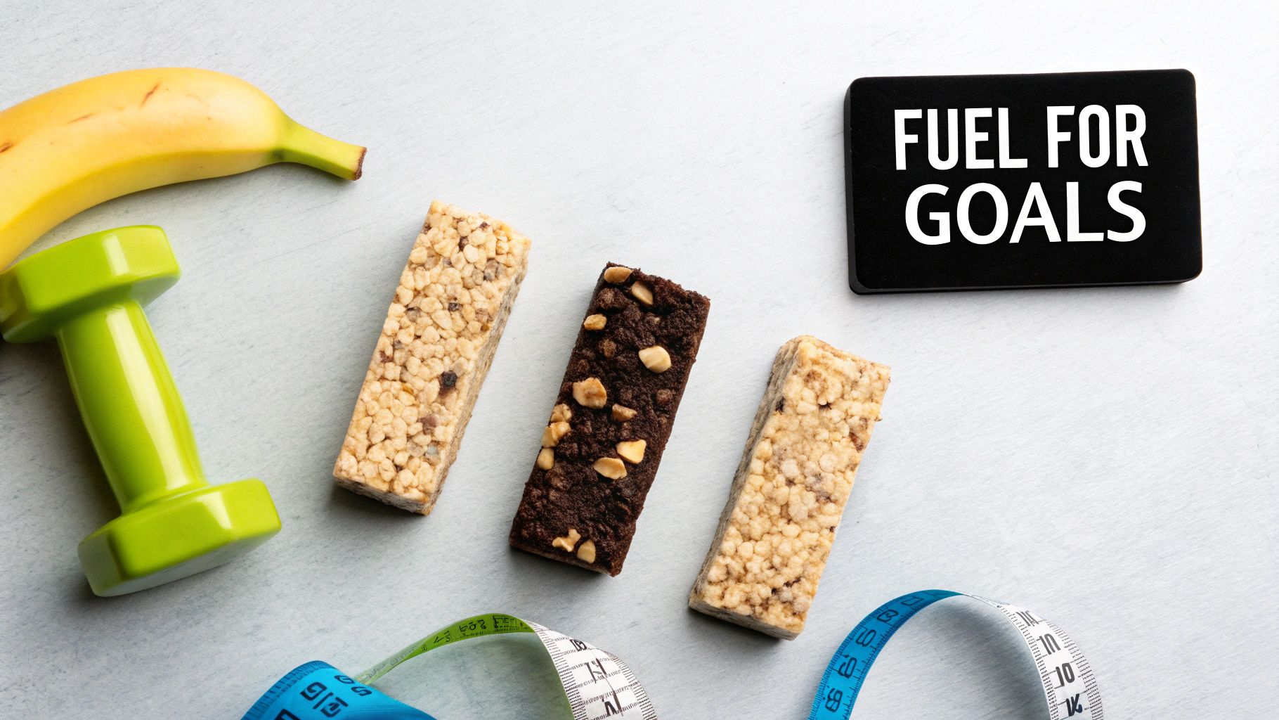 A healthy lifestyle flat lay with a banana, dumbbell, protein bars, measuring tape, and 'FUEL FOR GOALS' sign.
