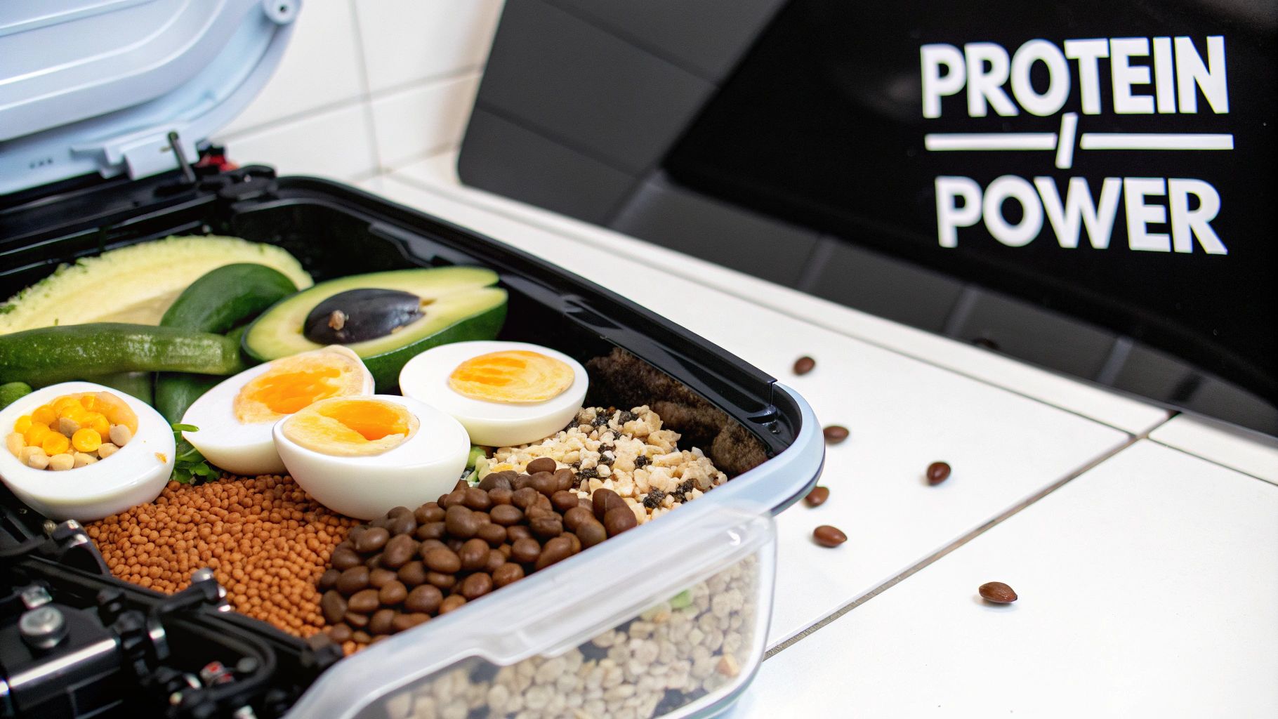 Meal prep container with high protein foods including boiled eggs, avocado, lentils, and beans